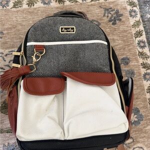Itzy Ritzy Herringbone Diaper Backpack in Black, White & Brown Trim